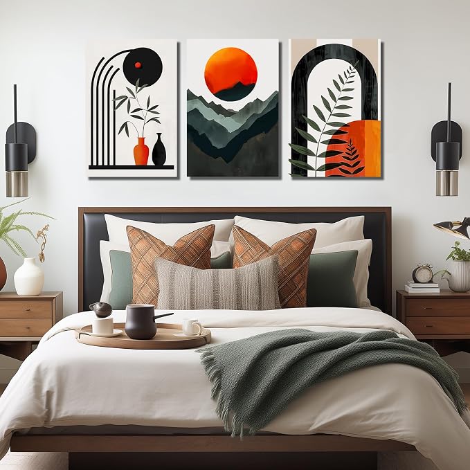 DNIEOTU Boho Canvas Wall Art for Living Room, Bohemian Wall-Decor for Bedroom, Minimalist Geometric Shapes Picture Prints, Size 24 x 36 Inches 3-Pieces