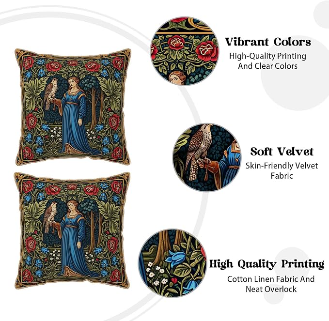 Vintage Floral Leaves Velvet Pillow Covers 18x18 Inch Tapestry Art Red Blue Flowers Bird Throw Pillows For Couch Cushion Covers Pillowcase European French Country Pillow Cases for Sofa Bed Bedroom