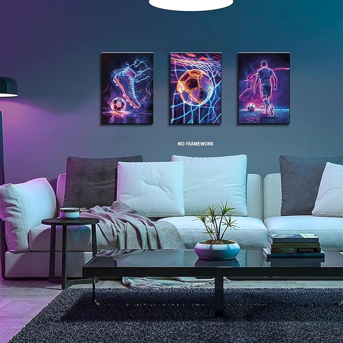 BGFCE Cool Soccer Gaming Wall Art Posters Set of 3, Neon Video Gamer Canvas Pictures, Colorful Soccer Game Painting Prints for Boys Room, Gaming Room Decor for Kids Gamer Room 12x16 inch Unframed