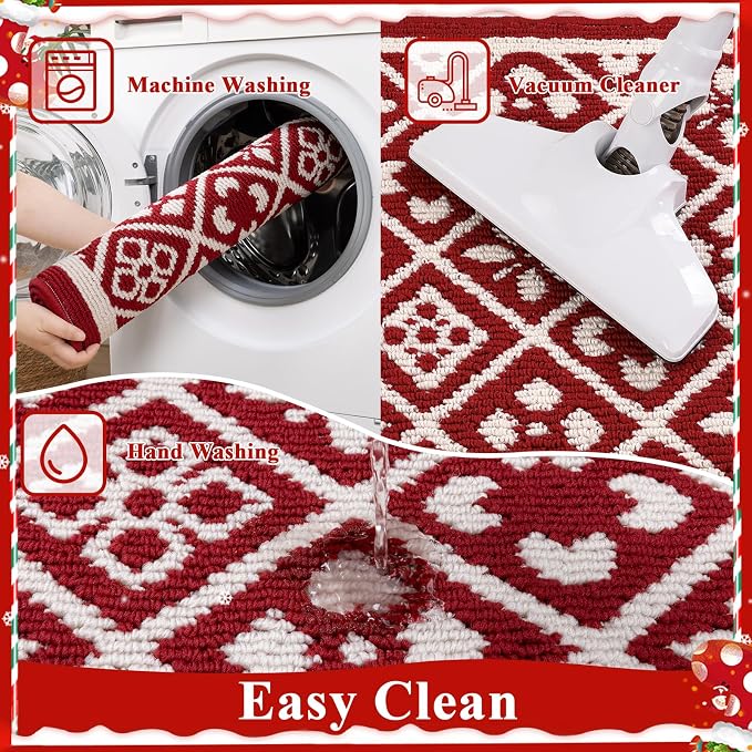 Ileading Christmas Hallway Runner Rug 2x6ft, Durable Xmas Welcome Indoor Doormat Mat Non Slip Kitchen Floor Mats with Rubber Backing, Machine Washable Red Winter Holiday Decor Entryway Carpet
