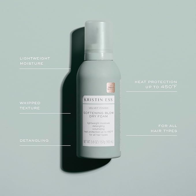 Kristin Ess Softening Blow Dry Foam for Smooth Styles, Shiny Blowout Prep, Curl + Wave Definition, Frizz Control, Vegan, Color Safe, Silicone Free, Sulfate Women's Styling Mousse Product, 5.6 oz