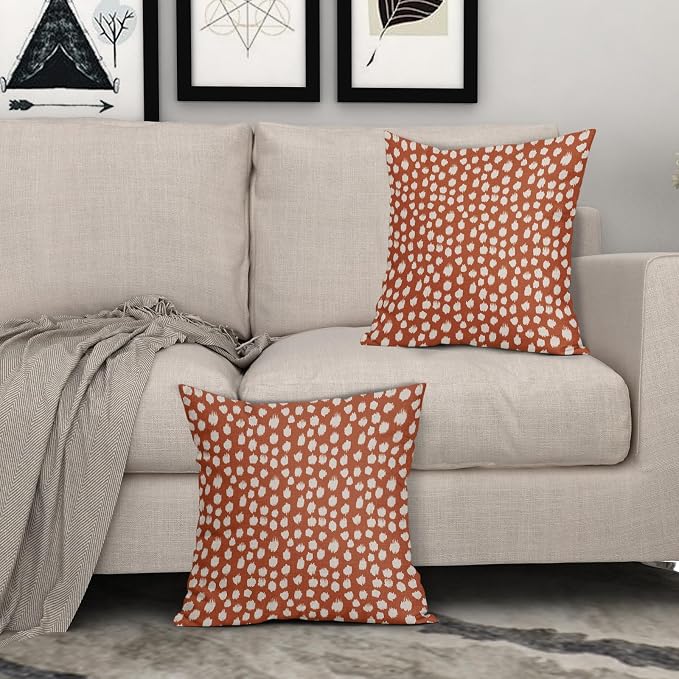 Burnt Orange Cream Dots Pillow Covers 24x24 Set of 2 Boho Design Polka Dot Throw Pillows Modern Trendy Print Outdoor Decorative Pillowcase Square Linen Cushion Cases Decor for Sofa Couch Bed