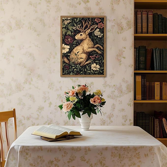 Vintage Rabbit Wall Art Whimsical Dark Cottagecore Jackalope Wall Decor Painting Moody Animal and Botanical Poster Canvas Print for Living Room Bedroom 16x24 inch Wood Framed