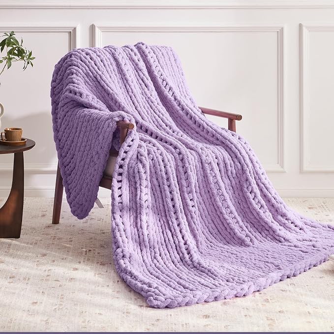 Negwoo Chunky Knit Throw Blanket, Knitted Throw Chenille Yarn, 60"*80" | Soft Thick Cable Knitted Blankets, Handmade Big Thick Blanket,Machine Washable Cute Comfy Blanket for Home Decor,Light purple