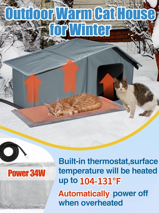 Weatherproof Heated Cat Houses for Outdoor Cats - Insulated Cat Shelter for Winter with Thermostatic Heating Pad and Escape Door, Warm Outside Pet House Gift for 2-3 Feral Cats (Large)