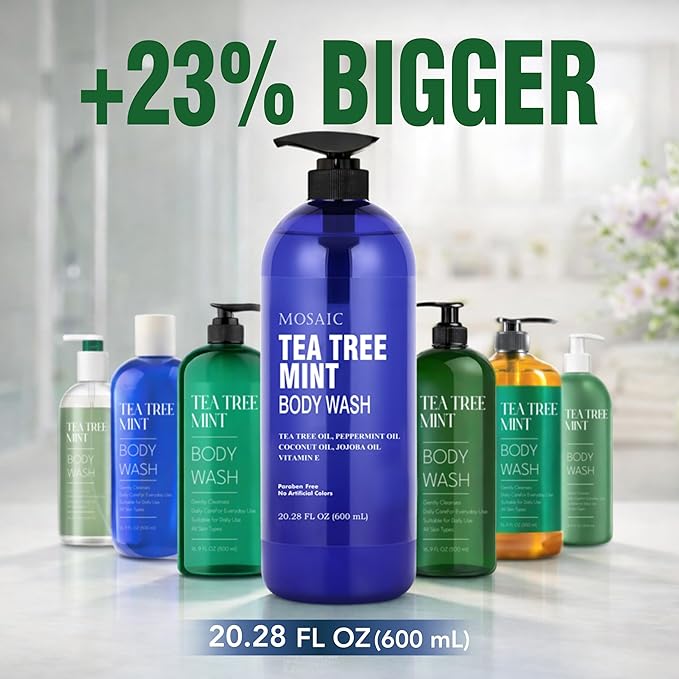 Tea Tree Body Wash with Mint & Shower Gel with Vitamin E for Jock Itch, Eczema, Ringworm, Body Odor, Body Wash Women & Men with Added Body Oils,LARGE 20.2 FL Oz Bottle (Tea Tree Mint, Pack of 3)