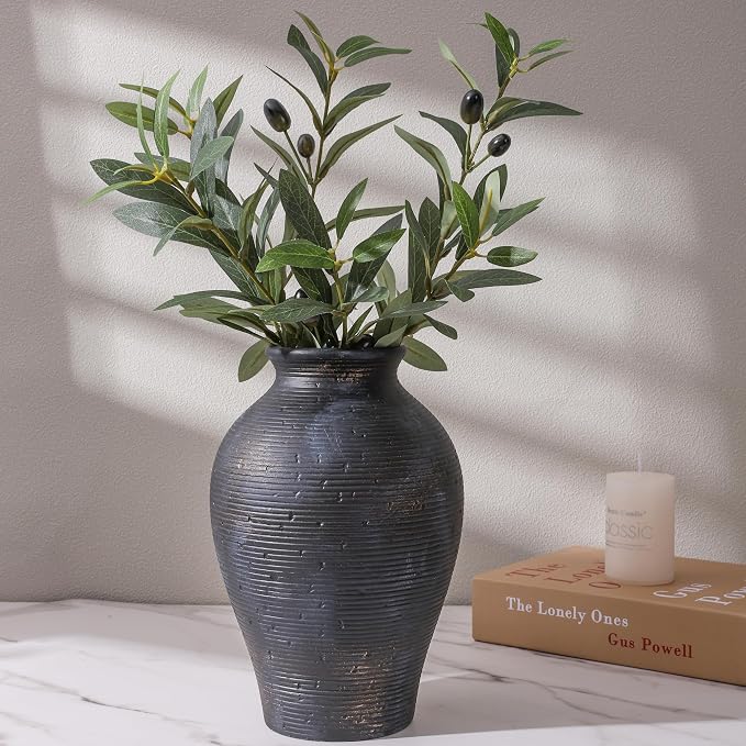 Ceramic Flower Vase Home Decor, 9 in Farmhouse Table Vases Rustic Vintage Living Room Kitchen Bedroom Pottery Decorative Vases for Flowers House Shelf Office Coffee Desk Dining Entryway, Black Gold