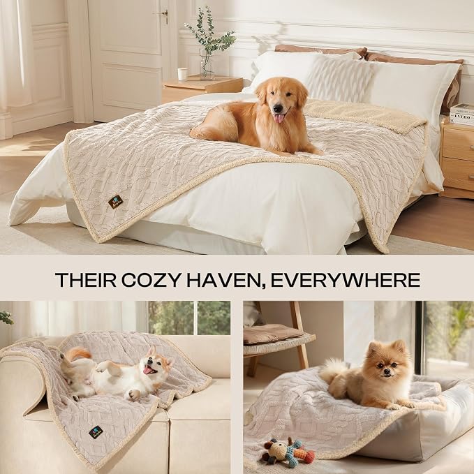 Luciphia Waterproof Dog Blanket, Reversible Sherpa Fleece for Couch Cover | Reversible waterproof pet blanket with soft Sherpa fleece machine washable protect couch bed car, Beige-thicken 65" x 57"