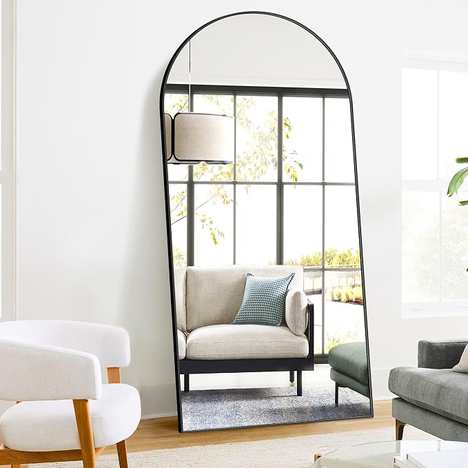 Arched Full Length Mirror, 75"x35" Standing Body Mirror for Wall, Black | Built-in Stand, HD Shatterproof Glass, Aluminum Alloy Frame, Hanging or Standing, for Bedroom, Living Room & Dressing Room