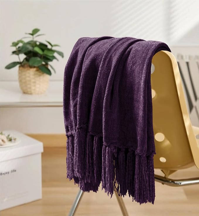 Chenille Throw Blanket for Couch 60" x 80" Twin, Dark Purple | Soft Cozy Warm Throws with Fringe Tassel, for Living Room Bed Sofa Chair Cover, Lightweight Knitted Decorative Boho Blankets