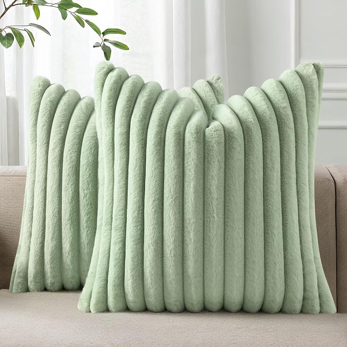 Pallene Faux Fur Decorative Throw Pillow Covers 16x16 Set of 2, Sage Green | Luxury Plush Texture, Striped Design, Cozy Soft Touch, Modern Home Accent Decor for Couch, Sofa, Bed, Living Room