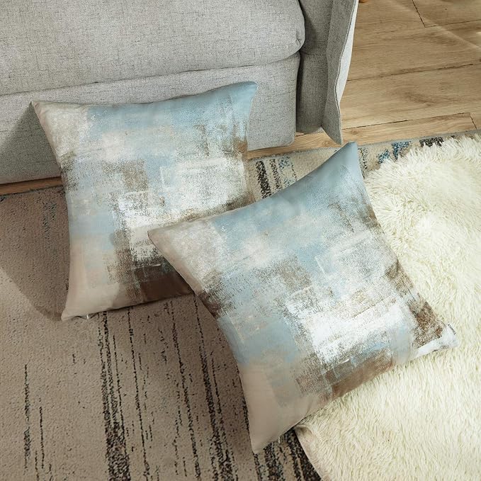 Throw Pillow Covers Set of 2, 20 x 20 Inch, Grey Beige Teal | Abstract Modern Art Outdoor Decorative Square Pillow Cases Couch Cushion Case for Couch Bed Sofa Living Room Home Decor