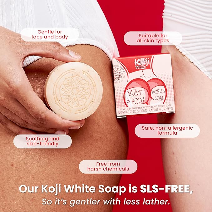 Koji White Kojic Acid Bump Eraser Body Scrub Soap for Exfoliation Butt, Elbow, Underarm with Glutathione, Coenzyme Q10, Skin Brightening for Fade Dark Spots, Fine Lines and Wrinkles, 2.82 oz (2 Bars)