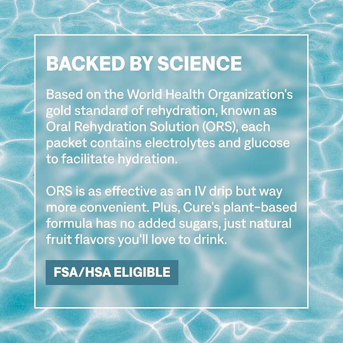 Cure Hydration | Plant-Based Electrolyte Drink Mix | No Added Sugar | FSA-HSA | Dehydration Relief Powder Made with Coconut Water | Non-GMO | Vegan | Pouch of 14 Packets - Strawberry Kiwi