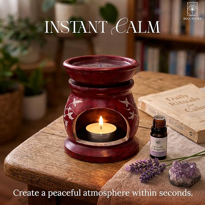 SOUL STICKS Stone Soapstone Aroma Lamp Stylish Beautiful Elegant Decorative Handcrafted Aroma Wax Burner Oil Diffuser for Aromatherapy, Meditation and Home Fragrance with Tealight Holder, 3 (Red)
