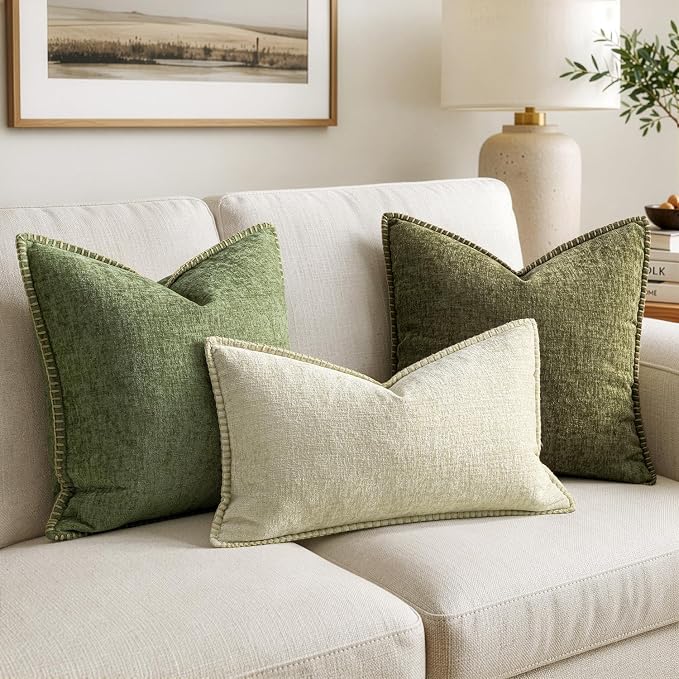 MIULEE Decorative Lumbar Throw Pillow Covers 12x20 Inch Cream White 2 Pack | Farmhouse Pillow Covers with Stitched Edge, Soft Chenille Cushion Cases, for Couch Sofa Bed Living Room Home Decor