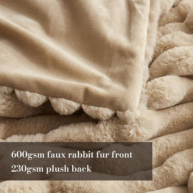 Faux Fur Throw Blanket for Couch, Cozy Fuzzy Fluffy Fur Luxurious Soft Striped Plush Gift Blankets for Family Sofa Chair Bedroom, 55"x70", Beige