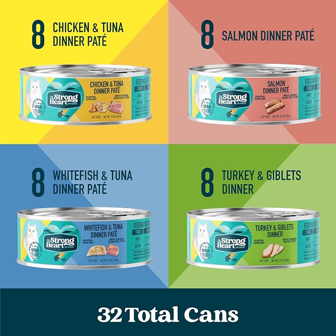 A Strong Heart Cat Food Variety Pack, Turkey, Chicken, Tuna & Salmon, 32ct | Pate texture, all life stages, complete & balanced, made in USA, 5.5oz cans