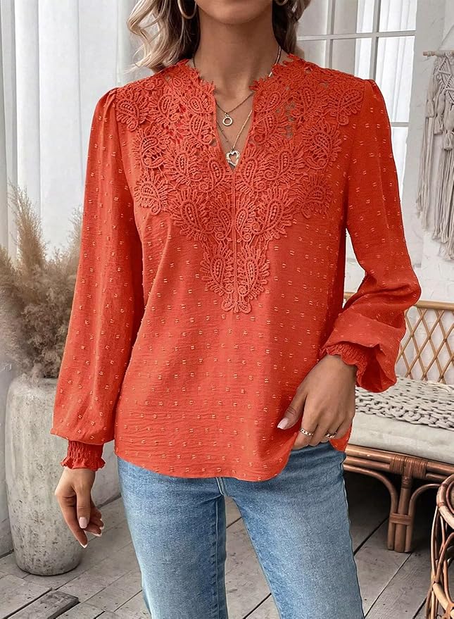 Womens Tops Swiss Dot Boho Long Sleeve Shirts V Neck Casual Chiffon Blouses Flowy Lace Hem Cute Clothing Trendy 2026