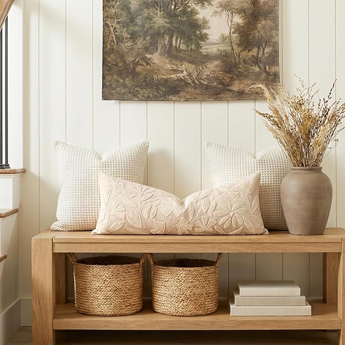 14x36 Lumbar Pillow Cover for Bed, Rectangular Decorative Long Throw Pillowcase, Embroidered Farmhouse Accent Cushion, Beige Neutral Floral Tufted (Cover Only)