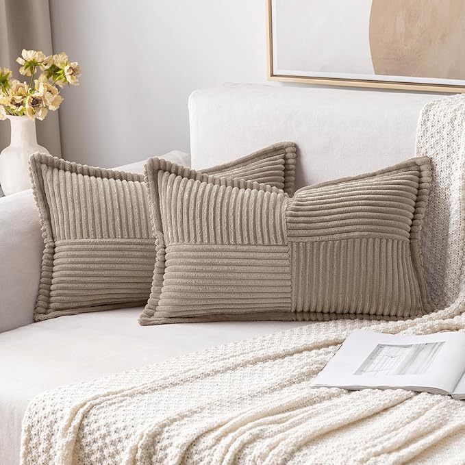 MIULEE Decorative Lumbar Throw Pillow Covers 12x20 Inch Light Brown 2 Pack | Boho Broadside Striped Patchwork Pillow Covers, Soft Corduroy Cushion Cases, For Couch Sofa Bed Livingroom Home Decor