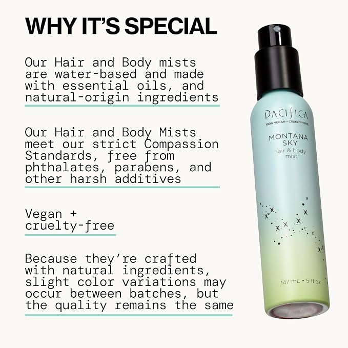 Pacifica Hair Mist Perfume & Full Body Spray for Women - Montana Sky Body Mist Fragrance w/Cedarwood, Elderflower, Black Pepper, Sage & Sandalwood Clean Beauty Alcohol-Free, Vegan & Cruelty-Free 5 oz | for Women, Clean Beauty, Alcohol-Free, Vegan, Crue...
