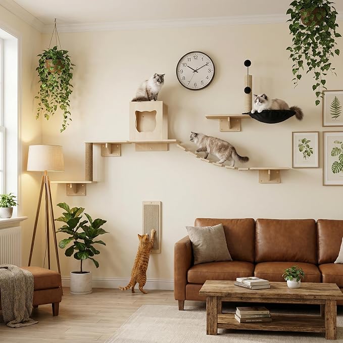 Cat Wall Shelves, 8-Piece Modern Wall-Mounted Cat Furniture Includes House, Bridge, Steps, Scratcher, Perch & Lounge for Indoor Cats, Space-Saving Wall Mounted Cat Shelves for Play & Rest