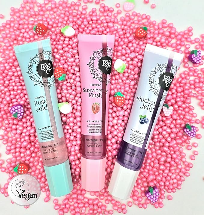 Rosee Lip Gloss Vegan & Cruelty Free Treatment, Professional Make up, Long Lasting Glossy with Shea Butter, Moisturize, Protect & Smooth, High Shine, Non-Sticky (e. Sparkling Gold, 0.5)