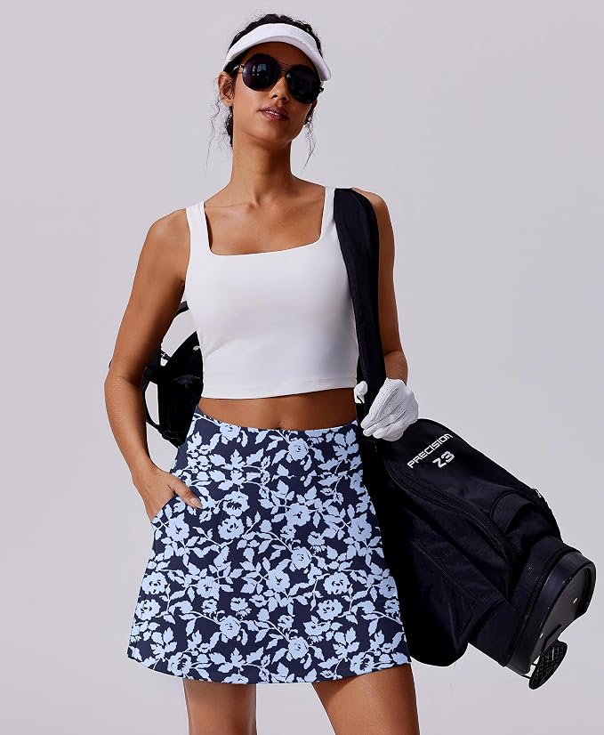 PINSPARK 17" Golf Skorts for Woman High Waisted Tennis Skirt with 4 Pockets | Lightweight, Quick Dry, 4-Way Strecth, Breathable, Tummy Control, UPF 50+ Athletic Skort for Workout, Pickleball, Gym, Casual