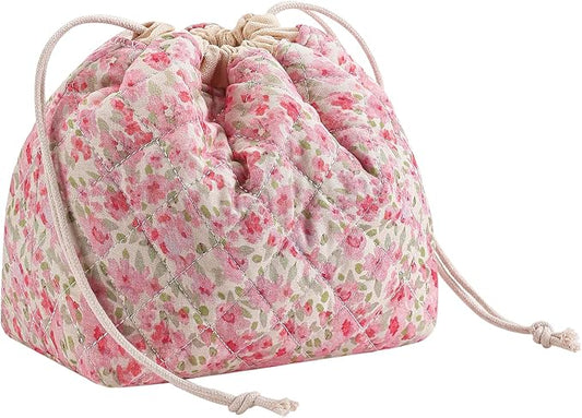 Cotton Quilted Drawstring Makeup Bag with Canvas Lining,Coquette Aesthetic Cute Travel Toiletry Bag,Drawstring Gift Bag for Women and Girls（18 Watercolor Pink Flower）