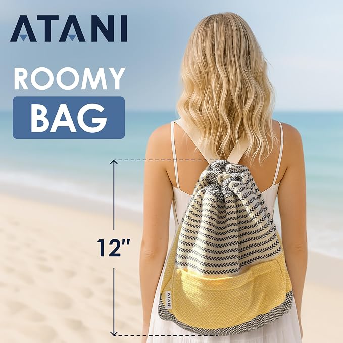 ATANI Turkish Beach Towel (71x39 Inches), Converts to a Bag, Oversized 100% Cotton Bath Towels Lightweight Quick-Dry Beach Blanket for Travel, Picnic, Camping, Yoga and Pool (Black x Yellow)