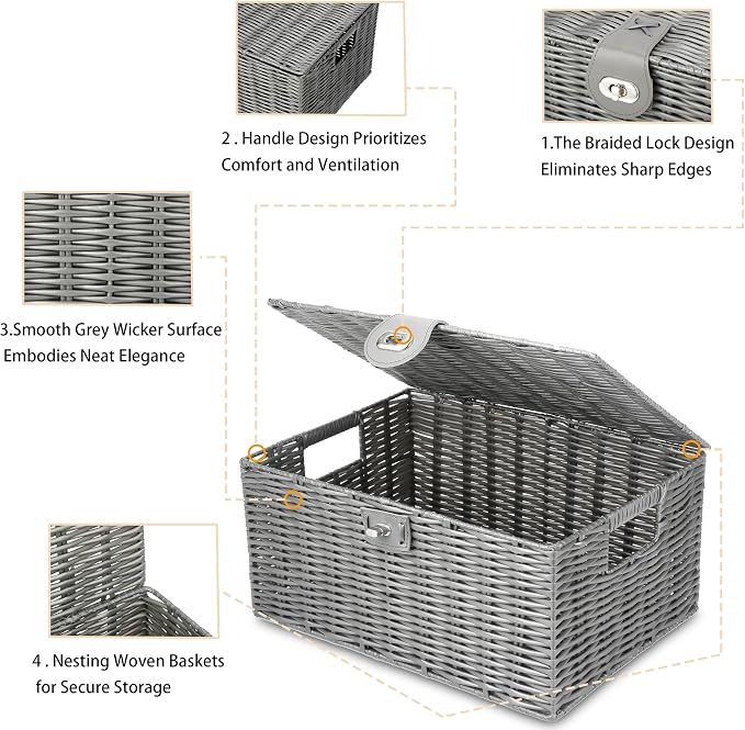 Honygebia Grey Wicker Storage Baskets - Set of 3 Decorative Nesting Boxes with Lids, Woven Basket with Lock & Handle, Organizer for Beauty Makeup Bathroom Decor