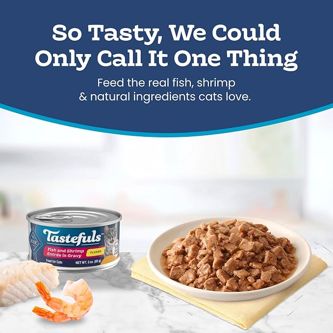 Blue Buffalo Tastefuls Fish & Shrimp Flaked Wet Cat Food, 3 oz, 4 ct | Real Fish First, Entrée in Gravy, No Chicken By-Product, Corn, Wheat, or Soy