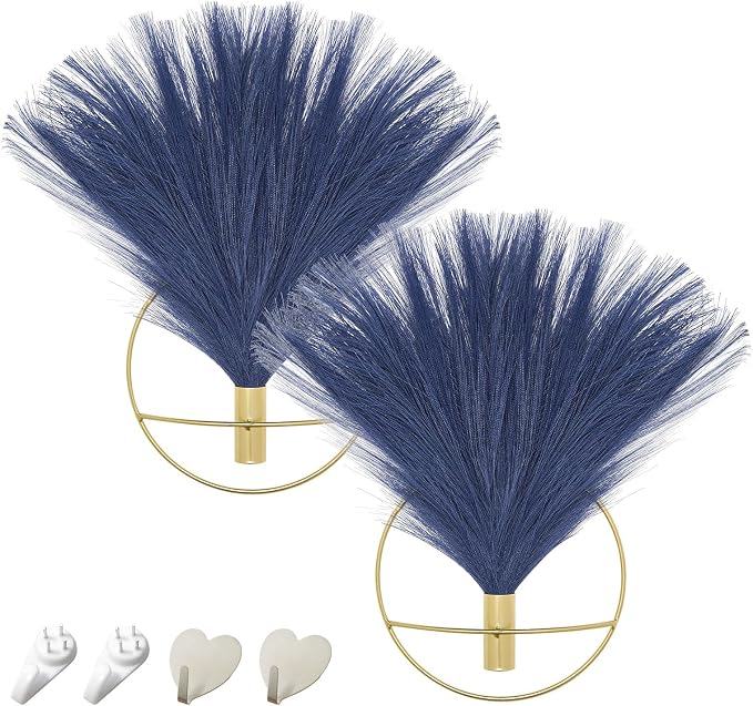 Pretty Jolly Boho Pampas Wall Decor Gold Metal Wall-Mounted Art | Morden Artificial Greenery Display，2 Pack Navy Hanging Planter For Living Room, Bedroom, Bathroom, Dining room