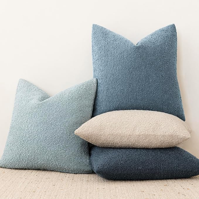 Foindtower Set of 2, Decorative Textured Boucle Throw Pillow Covers Accent Solid Pillow Cases Neutral Cozy Couch Cushion Case for Chair Sofa Bedroom Living Room Home Decor 26x26 Inch Misty Blue