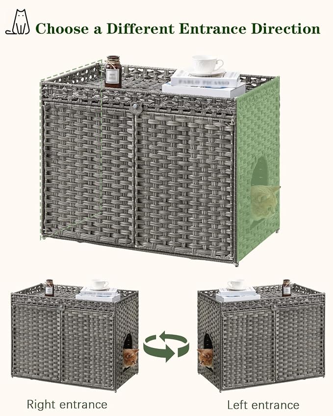 SETVSON Cat Litter Box Enclosure Furniture, Handwoven PE Rattan, Gray | Large Double-Door PE Rattan Kitty House, Fits Large Covered Litter Boxes, 2 Litter Mats, 2 S-Hooks, Metal Frame