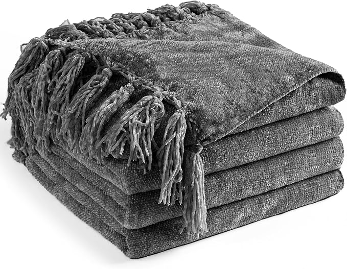 Chenille Throw Blanket for Couch 50" x 60", Dark Grey | Soft Cozy Warm Throws with Fringe Tassel, for Living Room Bed Sofa Chair Cover, Lightweight Knitted Decorative Boho Blankets