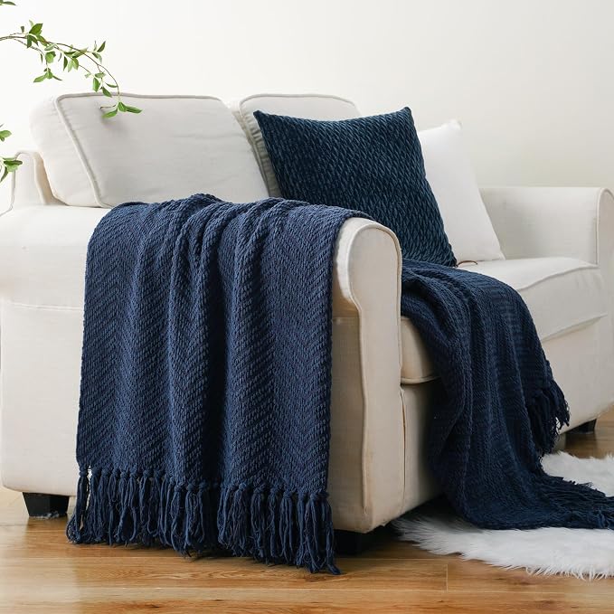 BATTILO HOME Navy Blue Throw Blanket for Couch, 60"x80" | Super Soft Cozy Warm Dark Blue Throws for Twin Bed, Knit Woven Chenille Blanket Versatile for Sofa Bedroom Home Decor