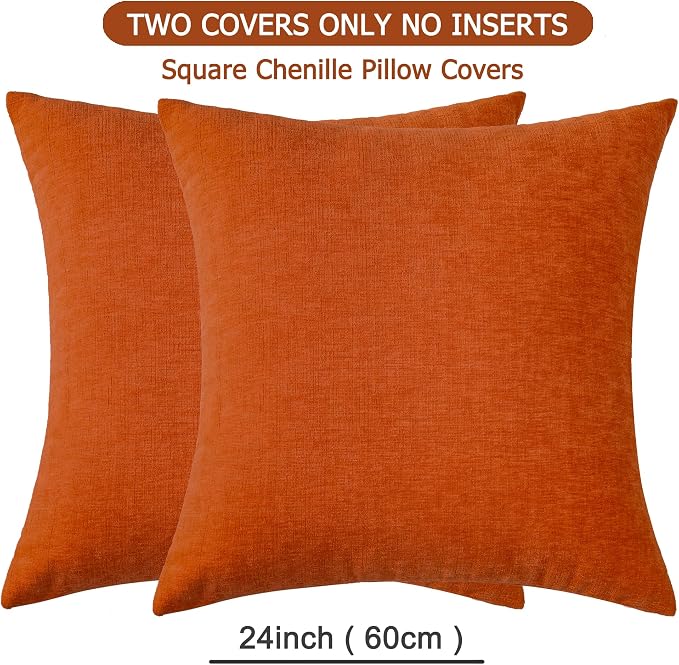 GAWAMAY Decorative Chenille Throw Pillow Covers 24x24 Inch Pack of 2, Soft Square Couch Pillow Cover for Sofa Cushion Living Room Bedroom Solid Dyed Pillowcases Burnt Orange 60x60cm (ONLY Covers)