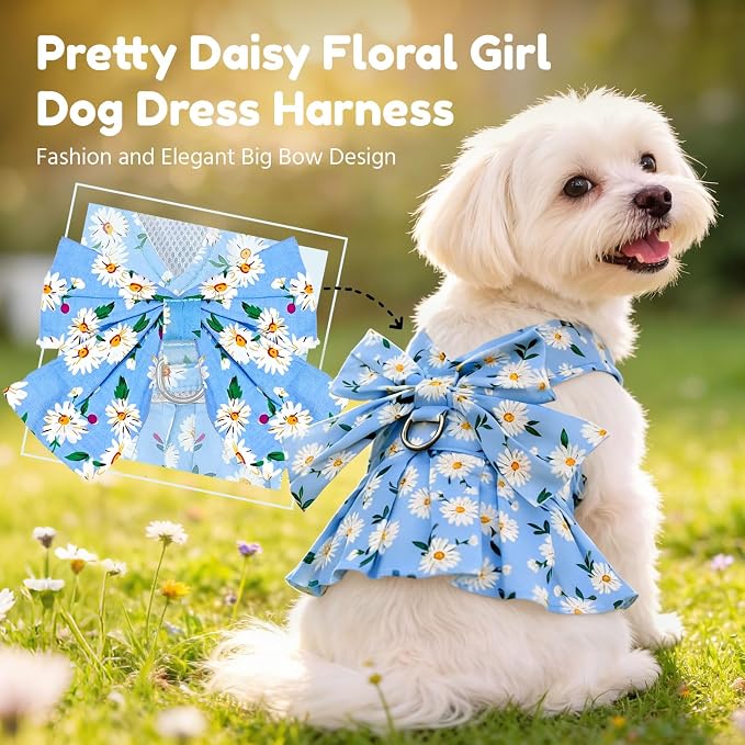 BAEJMJK Dog Dress Bowknot Harness Leash Set for Small Dogs Cats Daisy Floral Girl Dog Dresses Cute Puppy Princess Clothes Pet Doggy Outfits Spring Summer Breathable Dresses(Blue,Small)