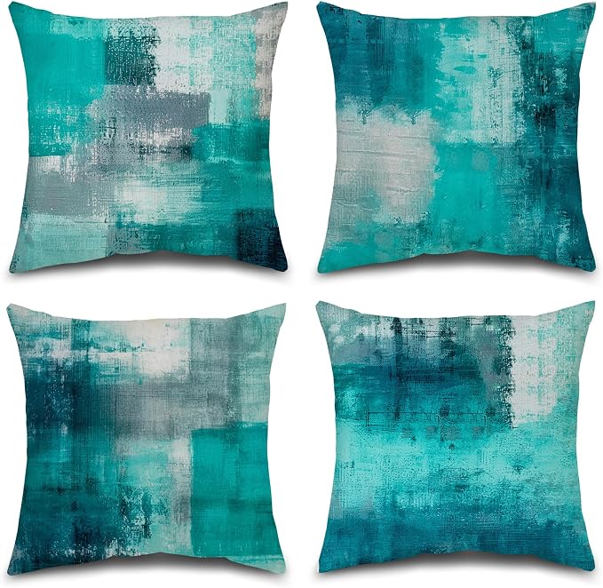Teal Abstract Throw Pillow Covers 20x20 Set of 4 | Turquoise & Grey Modern‑Art Cushion Covers, aesthetic accent pillowcases for sofa, bedroom & chair.