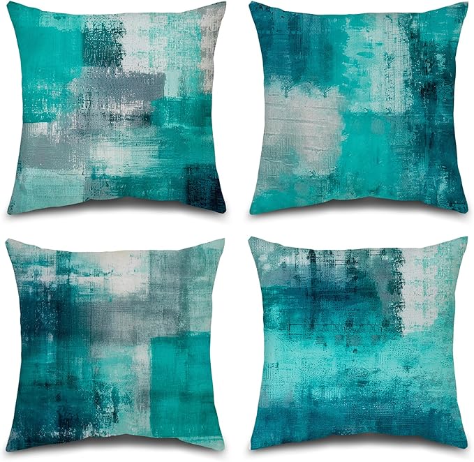 Teal Abstract Throw Pillow Covers 18x18 Set of 4 | Turquoise & Grey Modern‑Art Cushion Covers, aesthetic accent pillowcases for sofa, bedroom and chair
