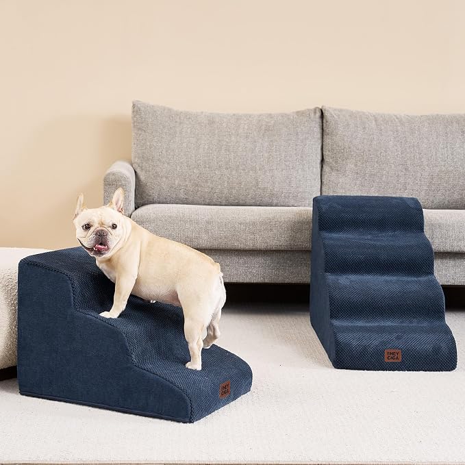 EHEYCIGA Curved Dog Stairs Ramp, 3-Step Dog Steps, 15.7" H Pet Step | 33D density of pure foam, for Small Dogs and Cats, Pet Stairs for High Bed Climbing, Non-Slip Balanced Indoor, Navy