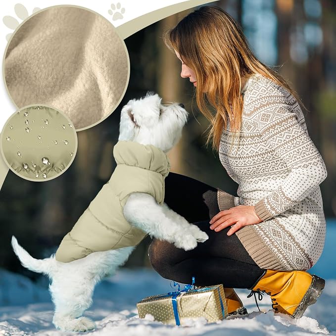 ABRRLO Winter Warm Dog Jacket for Small Medium Dogs Cat Cold Weather Coats with Harness Paded Dogs Fleece Vest Waterproof Windproof Dog Snow Jacket Pet Puppy Clothes (Khaki,XL)