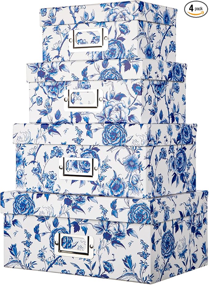 Briful Decorative Storage Boxes with Lids 4 Pack, Blue and White Chinoiserie Floral Cardboard Nesting Photo Boxes, Stackable Keepsake Photo Organizers for Home Shelf Bedroom Office