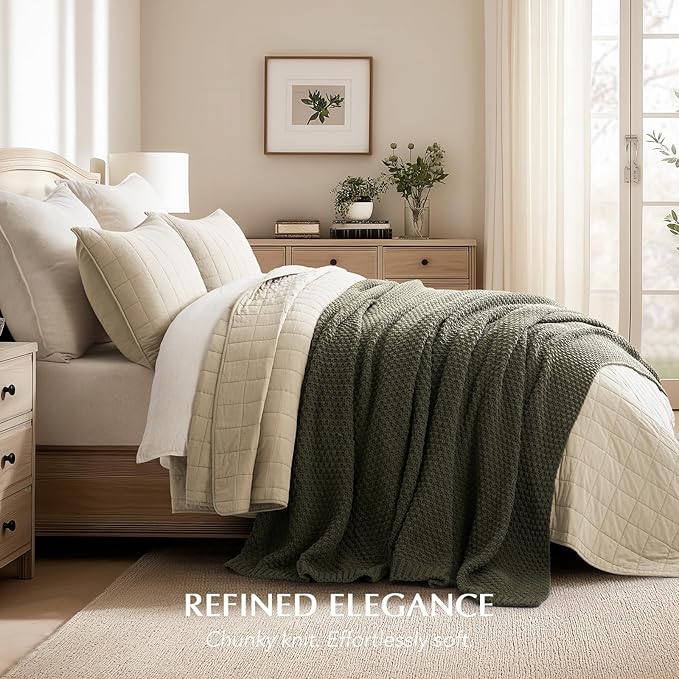 EVERGRACEHOME Chunky Chenille Knit Throw Blanket, 90 x 90, Olive Green | Sculpted Moss Stitch, Chic Modern Farmhouse, All-Season Warmth, OEKO-TEX® Certified, Oversized Queen for Couch, Bed, Sofa