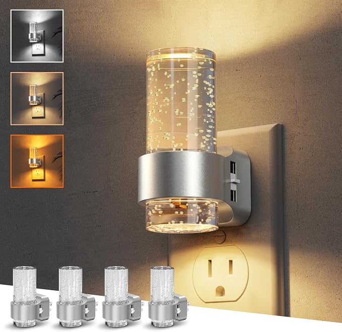L LOHAS LED Night Lights Plug into Wall, 4 Pack Mini Dimmable Night Light | Dusk-to-Dawn, Soft White/Cool White/Amber 3 Light Color, 0-100LM Adjustable Brightness, Bubble Nightlight for Hallway