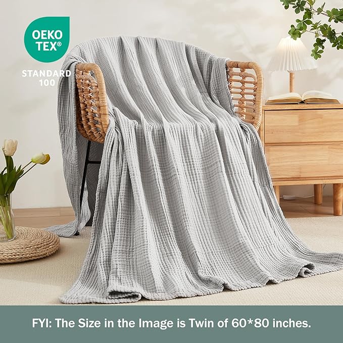 EMME Muslin Blankets for Adults Throw Blanket for Couch Breathable Gauze Soft Lightweight Airy Light Grey Queen 90" x 90"