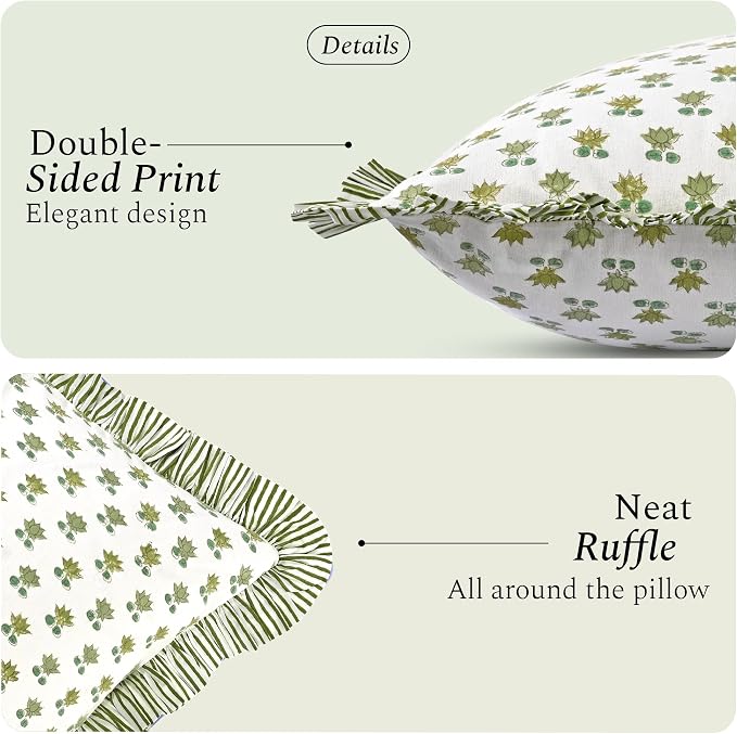 CPC Lotus Meadow Hand Block Print 100% Cotton Ruffle Throw Pillow Cover 20x20 inch with Hidden Zipper Decorative for Couch, Bed, Sofa, Farmhouse, Cottagecore Decor Gift Christmas Fall Thanksgiving