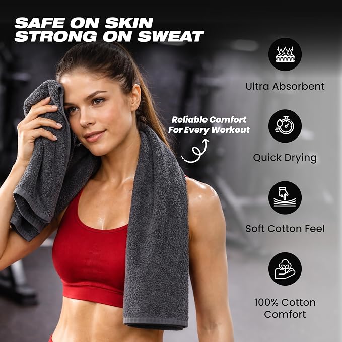 Sports Towel - Double Pack (2 Pieces), 12"x51", Dark Gray, 100% Cotton - Oeko-Tex Certified, Very Absorbent and Quick-Drying, for Fitness, Gym and Yoga